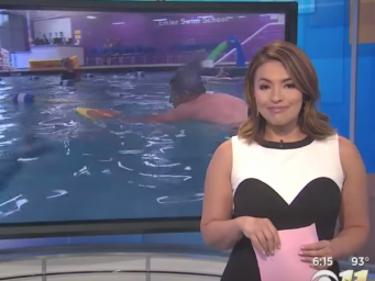 Screenshot of Gilma Avalos reporting on her visit to Emler Swim School of Fort Worth for CBS DFW